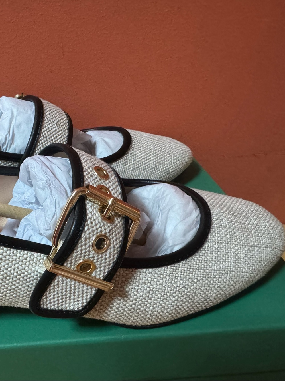 NEW J.Crew Teagan Cream Mary Jane Spanish Canvas Heels with gold buckle detail - Picture 6 of 10